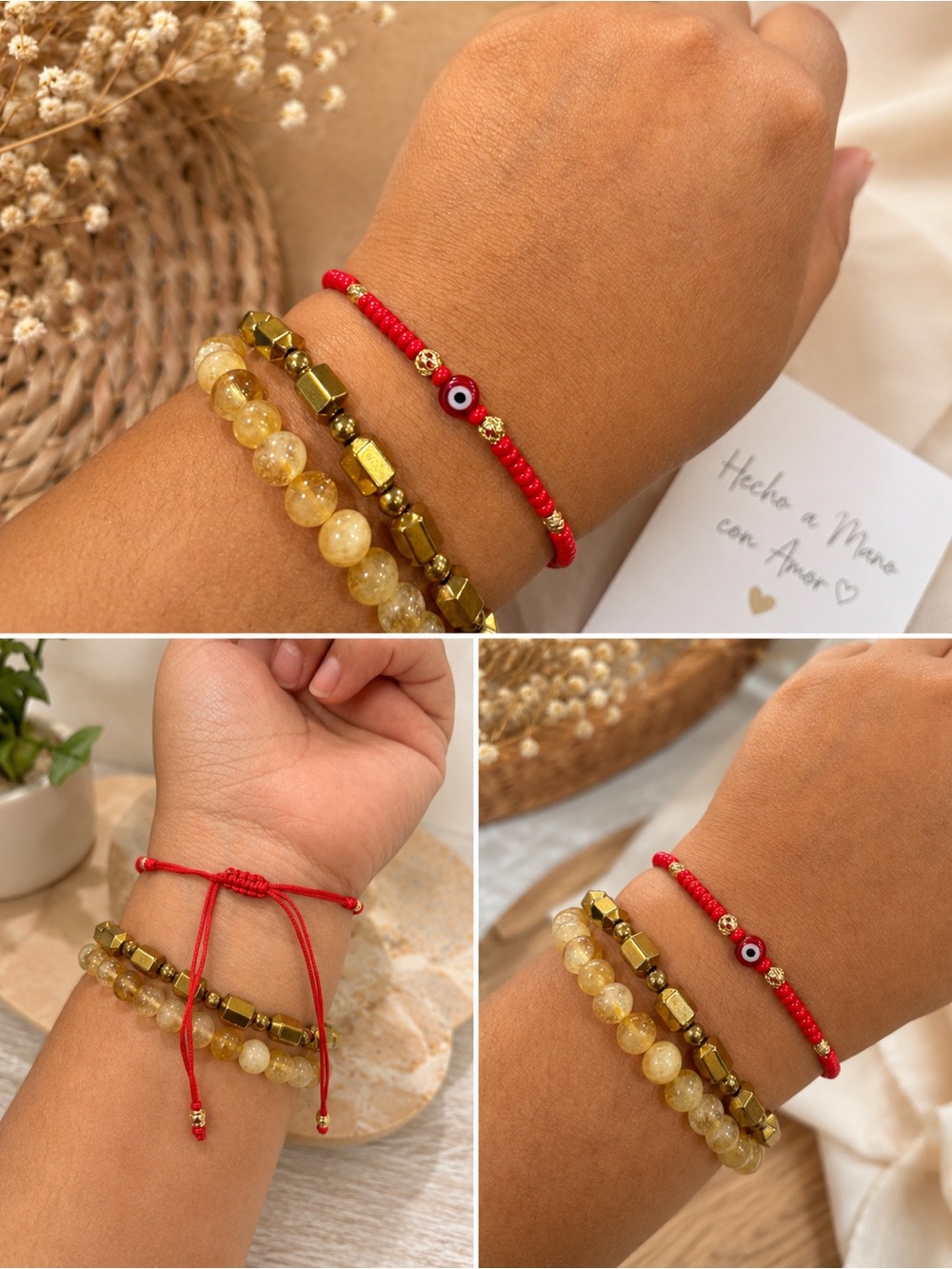 Red Evil Eye Bracelet w 14k gold plated beads / Pulsera Roja Ojo Turco